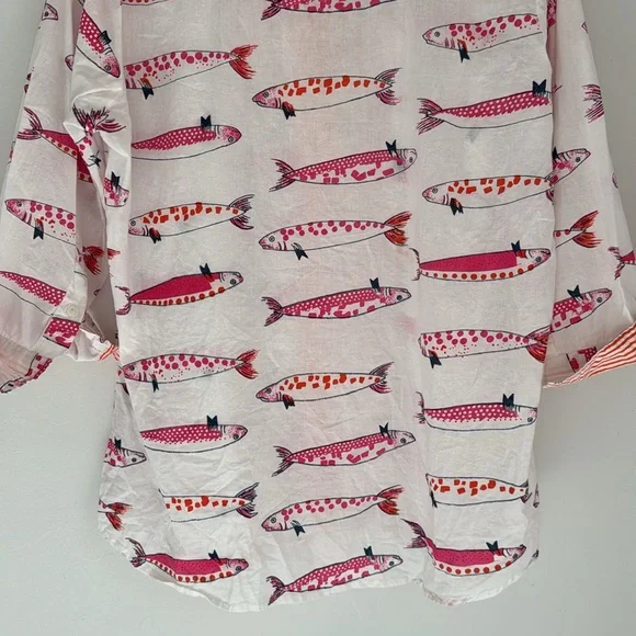 Gretchen Scott Blouse Womens XL Fish Print Button Up Shirt Beach Vacation Cotton - Picture 9 of 12
